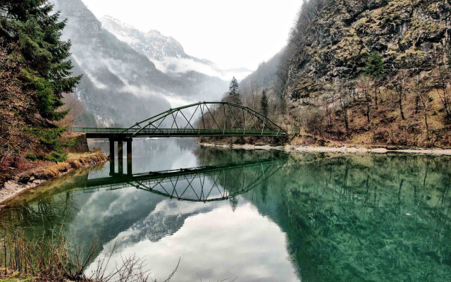 Bridge river mountain water body free wallpaper - medium preview image