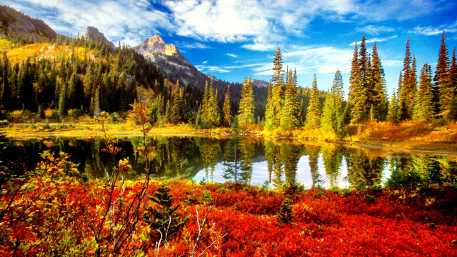 Mountain lake forest autumn sunset free wallpaper - medium preview image