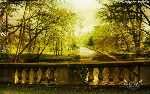 Park river trees bridge painting free wallpaper - medium preview image