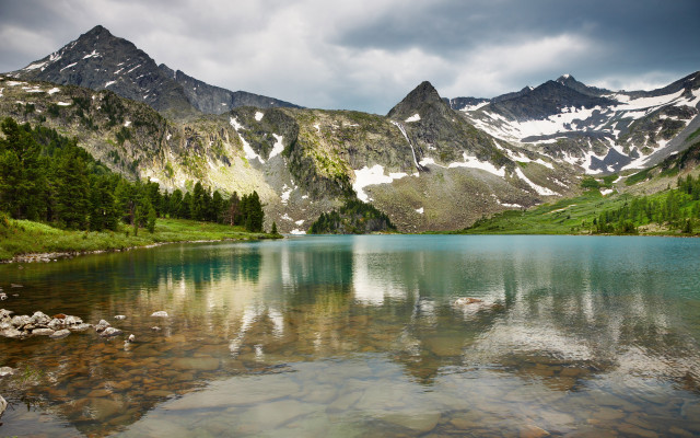 Mountain lake rocks trees cloudy free wallpaper - medium preview image