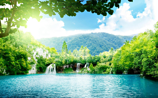 Lake trees waterfall blue sky free wallpaper - medium preview image