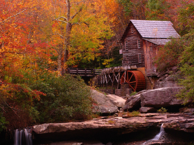 Small wooden building river waterfall free wallpaper - medium preview image