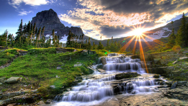 Waterfall mountain sun clouds forest free wallpaper - medium preview image