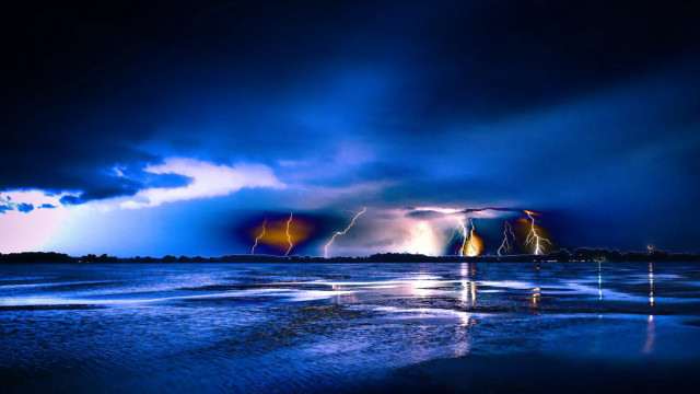 Lightning strikes water boat dark free wallpaper - medium preview image