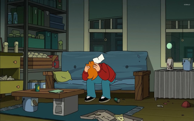 Cartoon character sitting messy room free wallpaper - medium preview image