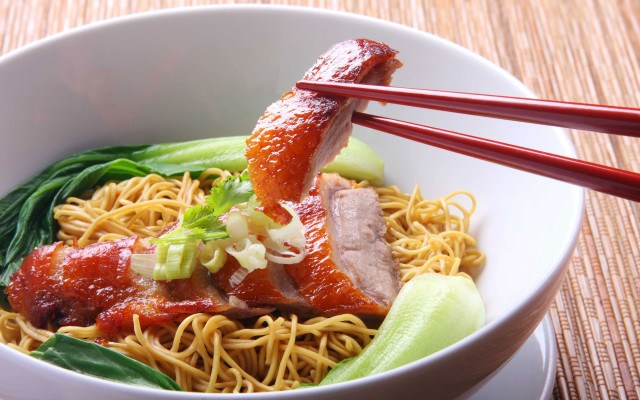 Bowl noodles meat vegetables chopsticks free wallpaper - medium preview image