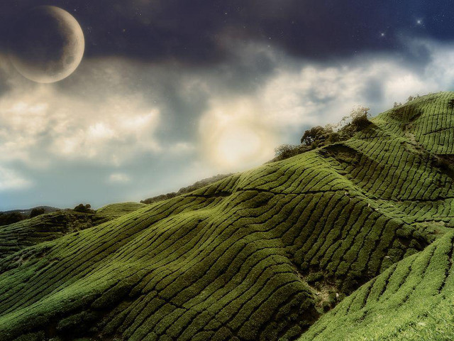Green hill moon clouds sky free wallpaper - medium preview image