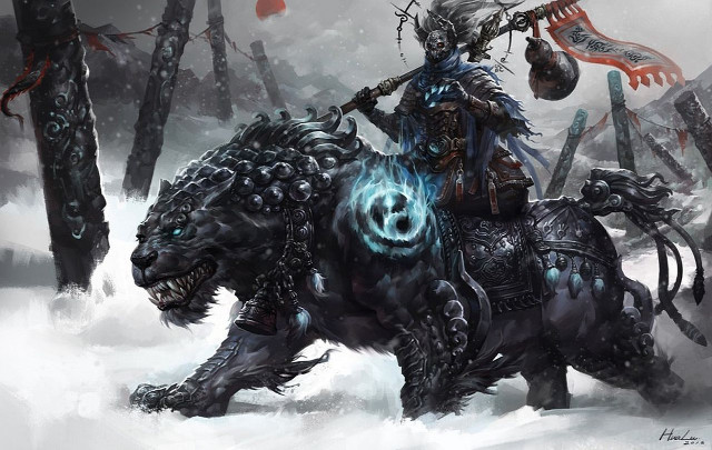 Man riding black horse snowy free wallpaper - medium preview image