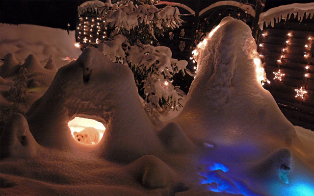 Snow covered lit tree building free wallpaper - medium preview image