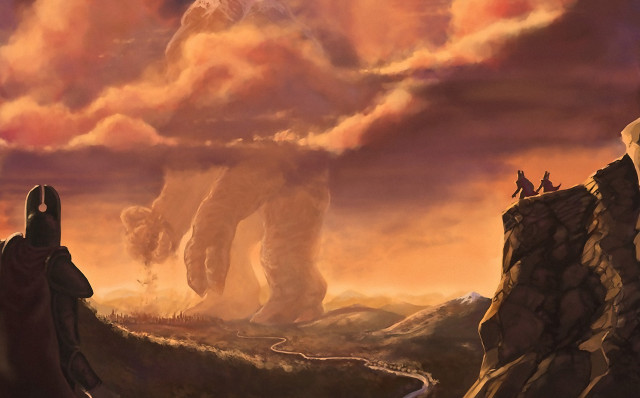 Giant creature cliff people watching free wallpaper - medium preview image