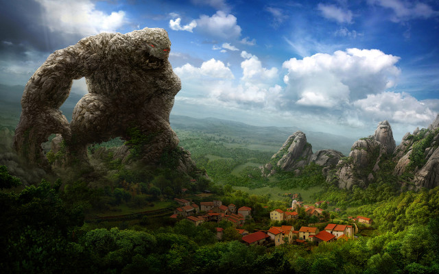 Giant creature mountainous area village free wallpaper - medium preview image