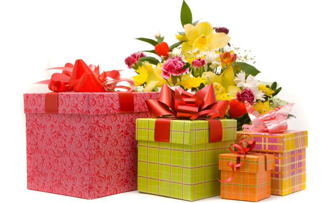 Colorful wrapped presents white surface free wallpaper - medium preview image