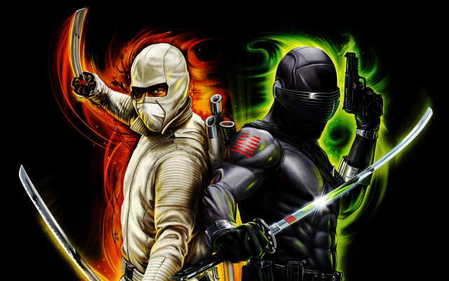 Costumed duo swords helmets faces free wallpaper - medium preview image