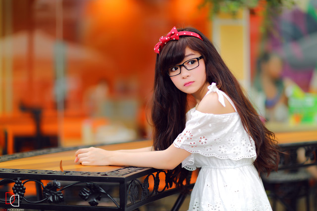 Girl glasses table suitcase red free wallpaper - medium preview image