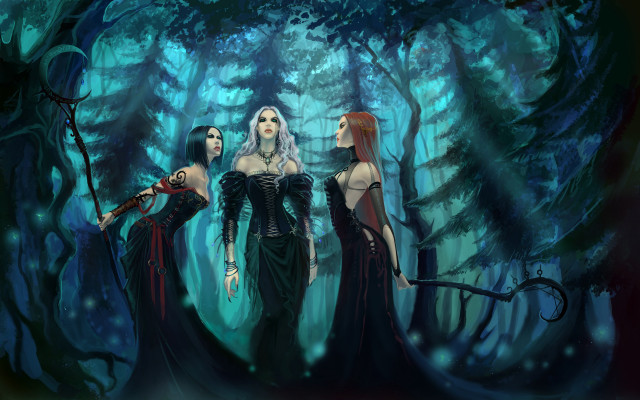 Three women black dresses forest free wallpaper - medium preview image
