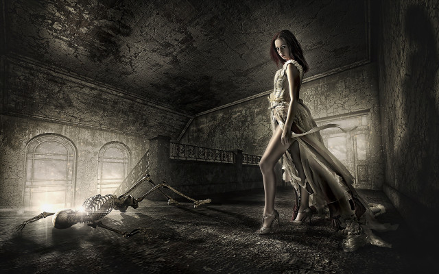 Woman long dress skeleton room free wallpaper - medium preview image