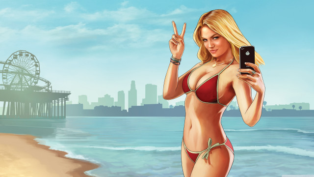 Woman bikini cell phone beach free wallpaper - medium preview image
