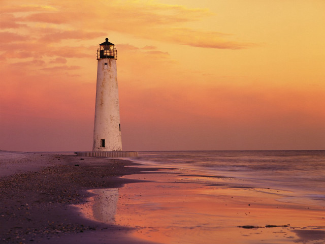 Lighthouse beach sunset pink sky free wallpaper - medium preview image
