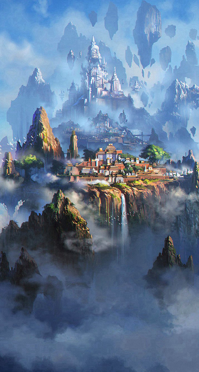 Castle mountain waterfall town painting free wallpaper - medium preview image