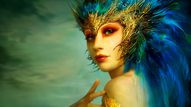Woman blue gold feather headdress free wallpaper - medium preview image
