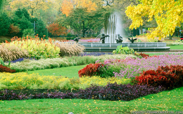 Cherryl fountain autumn garden flowers free wallpaper - medium preview image