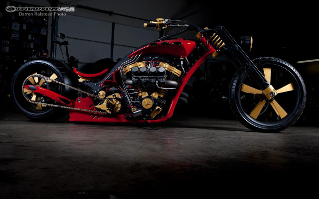 Red gold motorcycle garage shelves free wallpaper - medium preview image