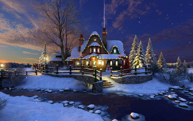 Christmas house decorated lights snow free wallpaper - medium preview image