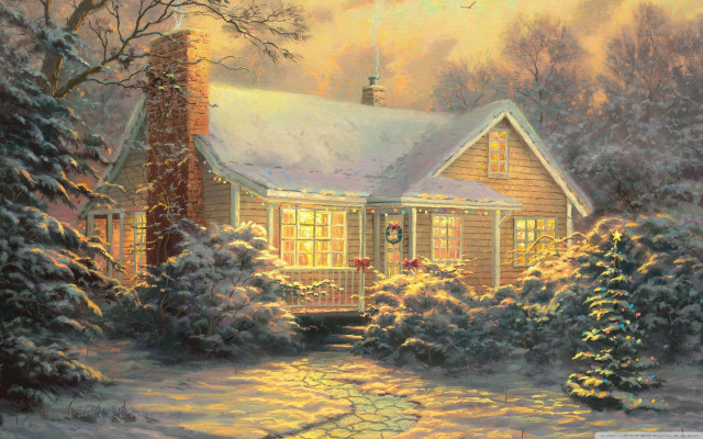 House snow lit window wreath free wallpaper - medium preview image