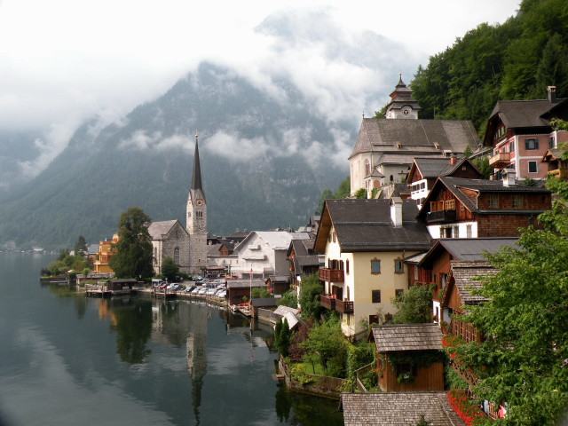 Lake town church mountain clouds free wallpaper - medium preview image