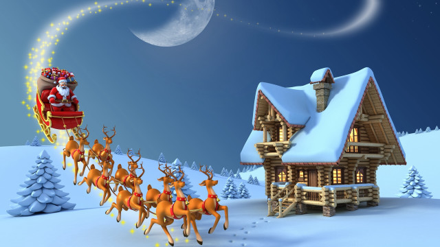 Santa claus sleigh cabin reindeers free wallpaper - medium preview image