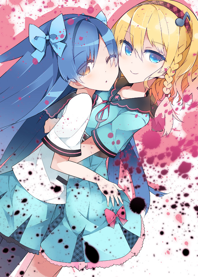 Anime girls hugging paint splatters free wallpaper - medium preview image
