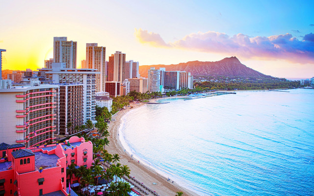 City beach water sunset mountain free wallpaper - medium preview image