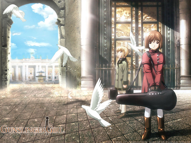 Girl standing building sword bird free wallpaper - medium preview image
