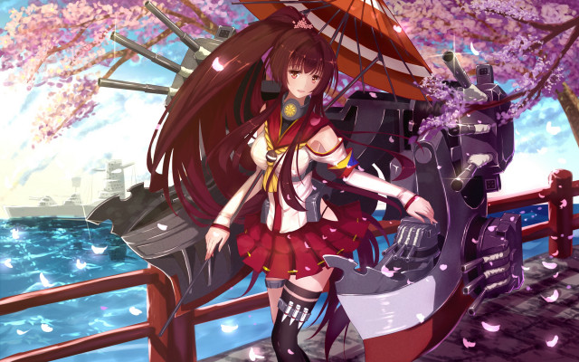 Woman umbrella water boat cherry #2 free wallpaper - medium preview image