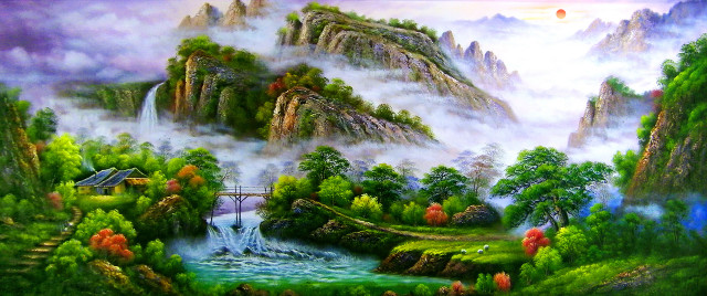 Mountain waterfall bridge painting nature free wallpaper - medium preview image