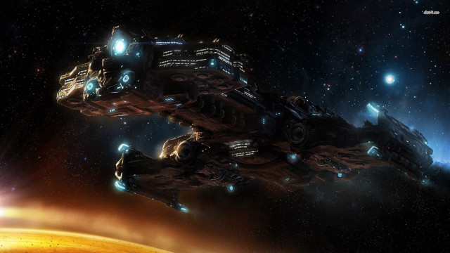 Spaceship flying yellow planet bright free wallpaper - medium preview image