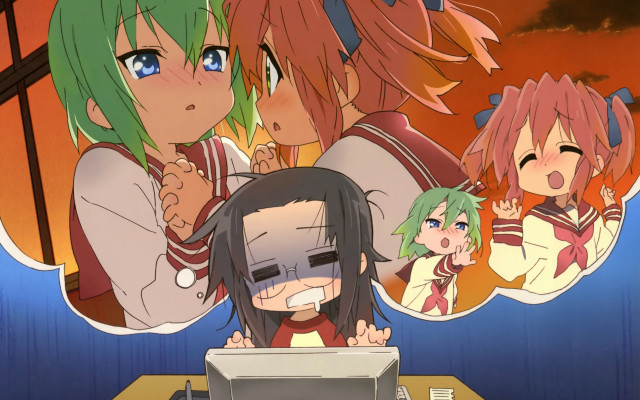 Anime characters table laptop sunset free wallpaper - medium preview image