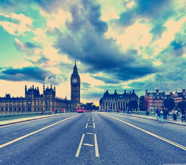 Clock tower street sidewalk dusk free wallpaper - medium preview image