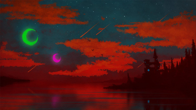Sunset green red moon black free wallpaper - medium preview image