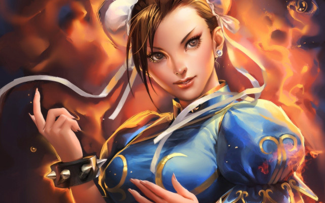 Woman blue outfit sword flame #2 free wallpaper - medium preview image