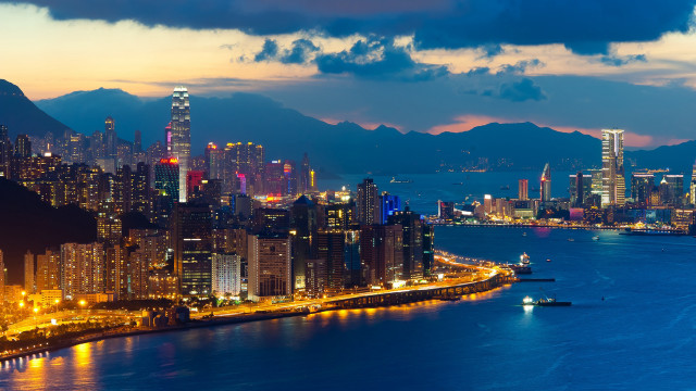 City skyline night river mountains free wallpaper - medium preview image