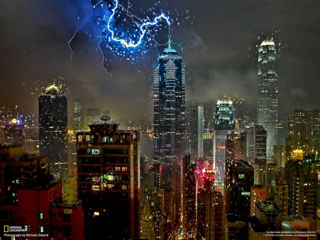 City skyline lightning bolt sky free wallpaper - medium preview image