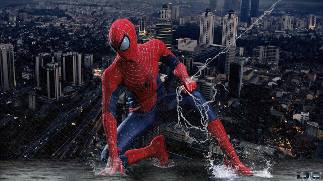 Spider man jumping cityscape lightning free wallpaper - medium preview image