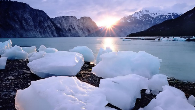 Lake ice chunks mountains sunset free wallpaper - medium preview image