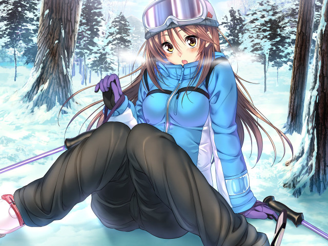 Woman sitting snow skis hat free wallpaper - medium preview image