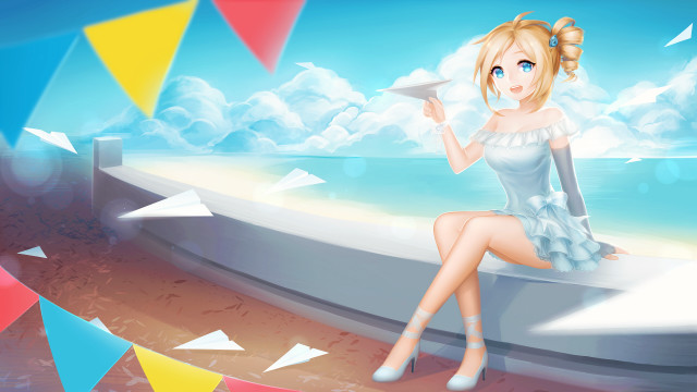 Woman sitting ledged paper airplane free wallpaper - medium preview image
