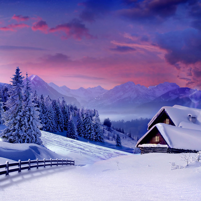 Snowy landscape cabin fence mountains free wallpaper - medium preview image