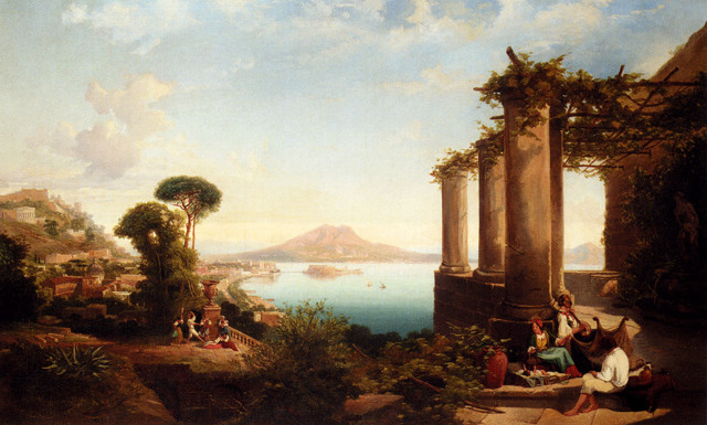 Porch people lake mountain painting free wallpaper - medium preview image