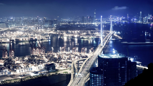 City night bridge lights buildings free wallpaper for desktop - medium preview image