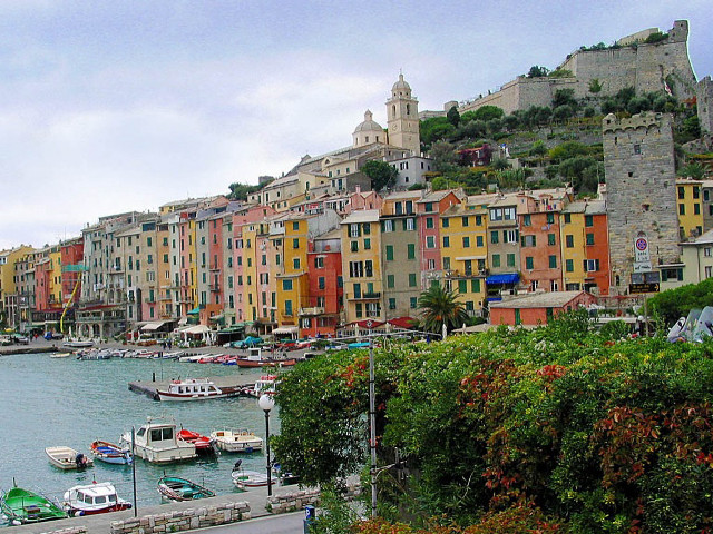 Harbor boats hillside buildings trees free wallpaper - medium preview image